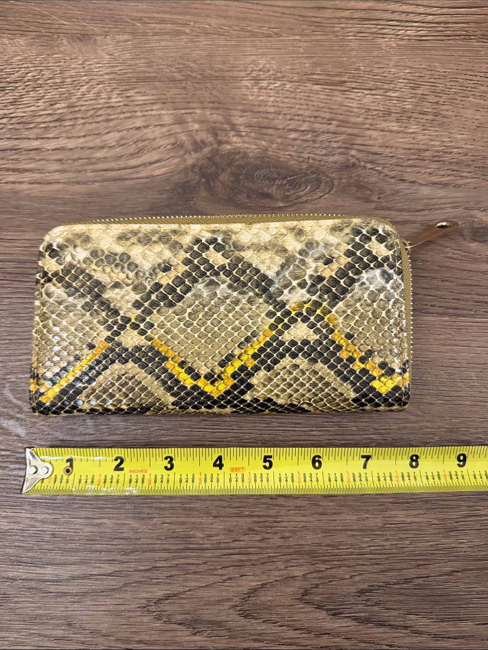 Zip-Around Snake Print Wallet in Yellow and Tan